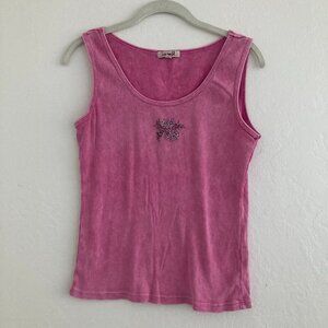 Vintage Oneworld Pink Y2K Ribbed Tank Top Graphic Sparkle Floral Print 90s XL